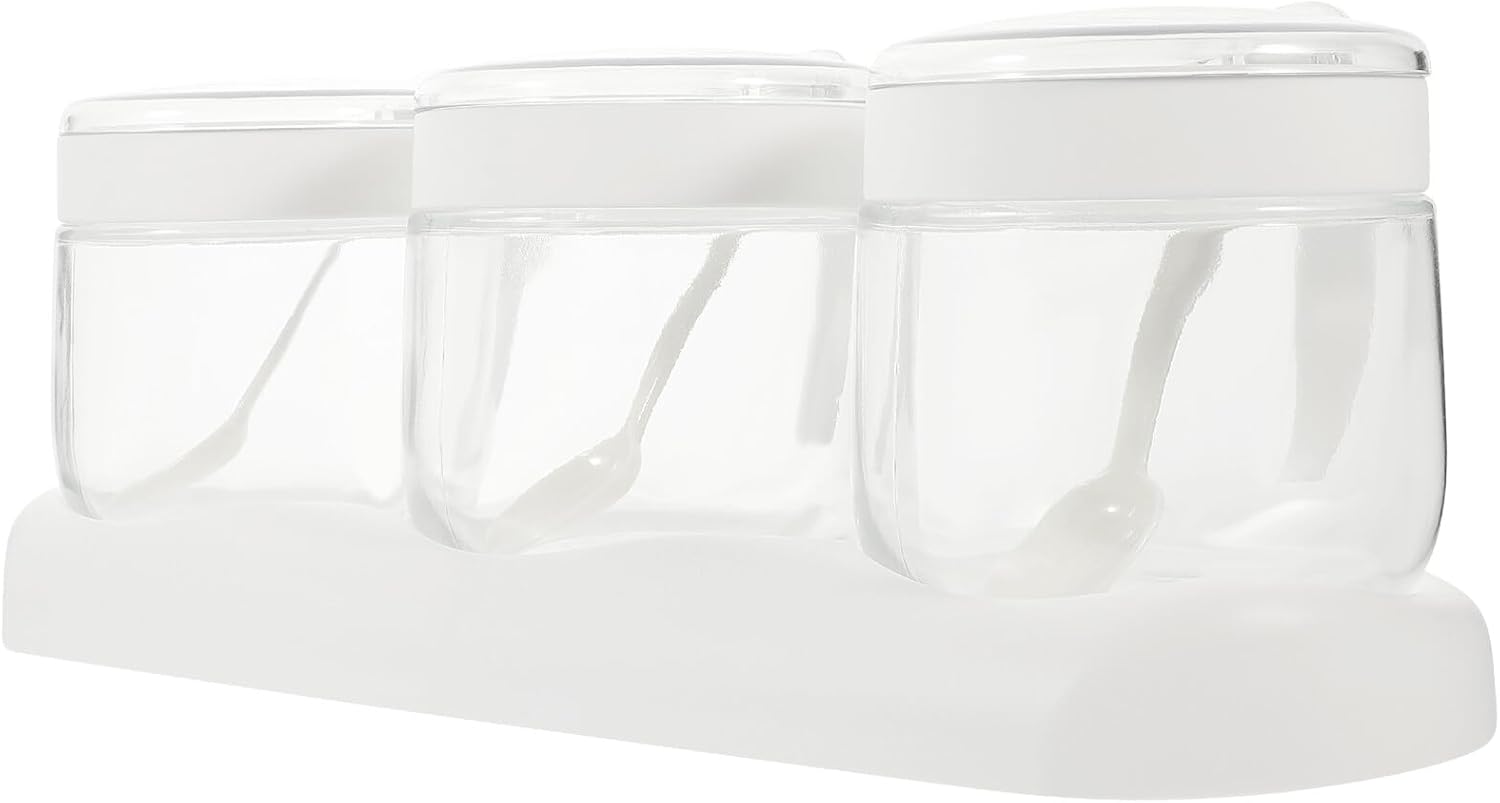 Glass Spice Jar Set with Tray, 350ml White 3-compartment Condiment Container, Multi-use Seasoning Storage for Kitchen and Dining