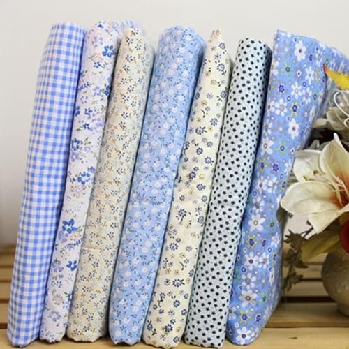 7Pcs Blue Square Shape, Flower, Striped, Polka Dot Cotton Fabric Fabric for Sewing, 25x25cm Cotton Fabric Flower Polka Dot Bundle DIY Patchwork Quilt Cloth, Craft and Hobby Fabric