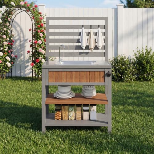 Merax Gartenschrank mit Wasserbecken & Wasserhahn – Wetterfester Geräteschrank mit großer Edelstahl-Arbeitsfläche, Schublade & integriertem Flaschenöffner, Outdoor-Küchenschrank