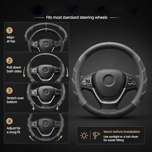 Image of Elantrip Leather Large Steering Wheel Cover 14 1 /2 inch to 15 inch Universal, Soft Grip Breathable for Car Truck SUV Jeep Anti Slip Gray