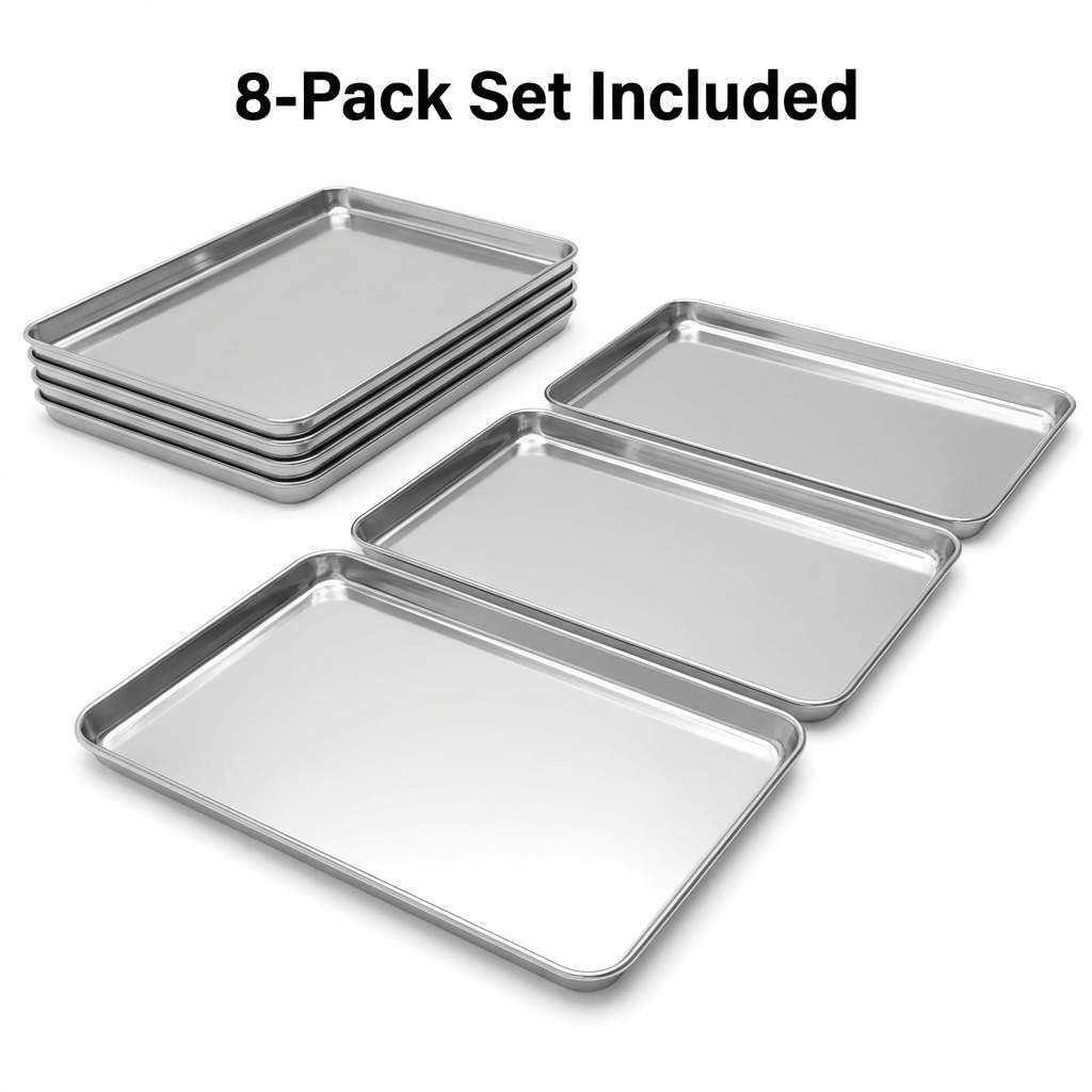 QWORK Stainless Steel Instrument Tray, Multipurpose Service Tray with Flat Bottom, for Lab Instruments, 15 3/4 x 11-13/16 x 1 5/16 inch, 8 Pack