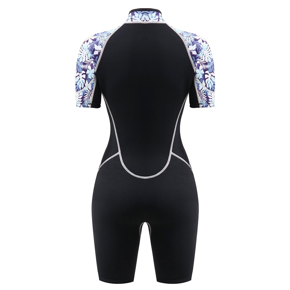 AICARSHI Women's 3mm Neoprene Shorty Wetsuit - Blue, Black - Diving, Snorkeling, Surfing, Swimming - Women's Adult Short Sleeve Zipper Wetsuit