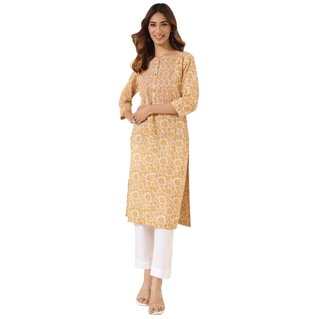 Fabindia Women's Cotton Printed Regular Kurta (1037296Yellow_Yellow