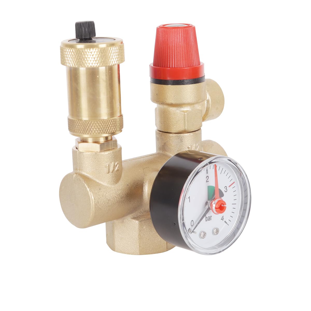 Alide Gruppo di sicurezza caldaia con manometro, valvola di sicurezza 3 bar, spurgo automatico, kit di protezione circuito riscaldamento in ottone (DN25)