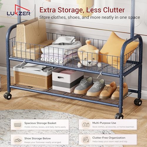 Image of Lukzer | MGR-002 | Deep Sea | Metal Cloth Stand & Garment Rack with Wheels, 2 Bottom Shelves & Single Rod - Space-Saving Clothes Organizer for Bedroom, Bathroom, Office & More | 173 x 90 x 34 cm