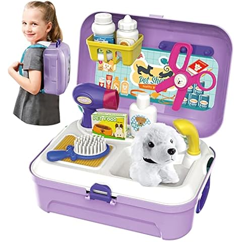 HERSITY Kids Vet Kit Dog Grooming Toy Pet Care Role Play Games Animal Dolls Pretend Play Pet Carrier Set Toys 3 4 5 Year Old Girls Boys Children Gifts Cover
