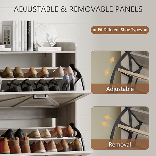 Image of Shoe Cabinet with 3 Flip Drawers, Freestanding Hidden Shoe Storage Organizer for Entryway, Narrow Slim Shoe Rack Cabinet with Open Storage & Hooks for Front Door Entrance, Living Room, Hallway, Grey