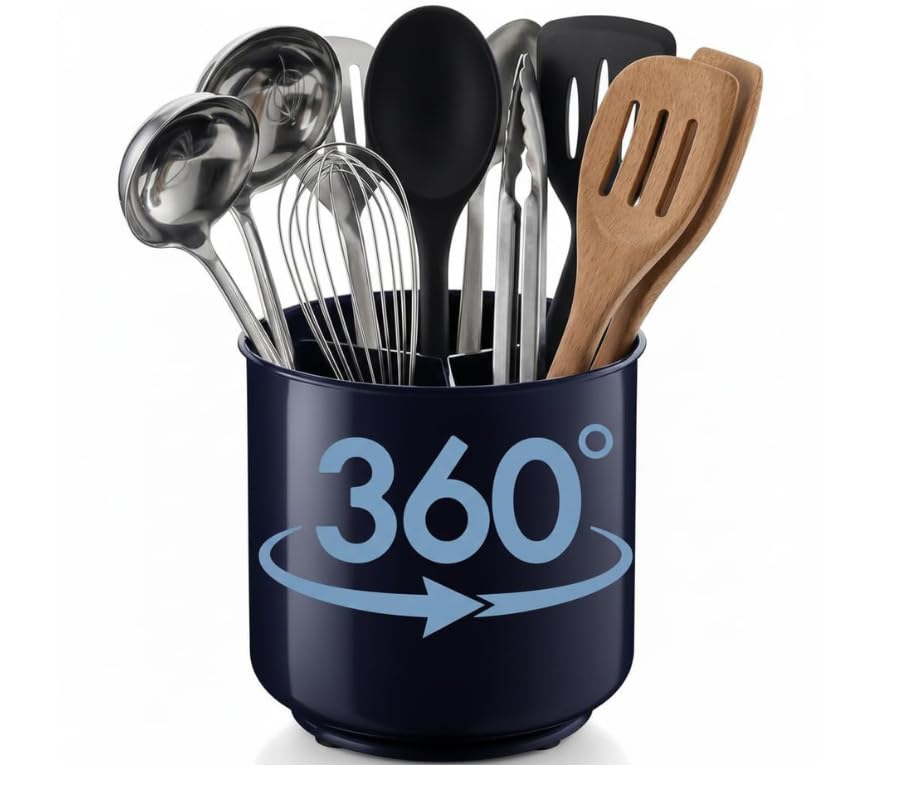 Cooler Kitchen Jumbo Plastic Rotating Extra Large Utensil Holder Crock with No-Tip Weighted Base, Removable Divider, and Gripped Insert - Kitchen Utensil Holder for Kitchen Counter: Blue Utensil Caddy