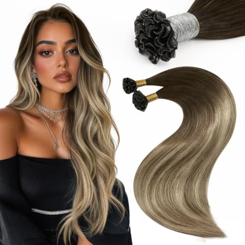 Moresoo U Tip Hair Extensions Human Hair, Brown Bleach Blonde, 20 Inch