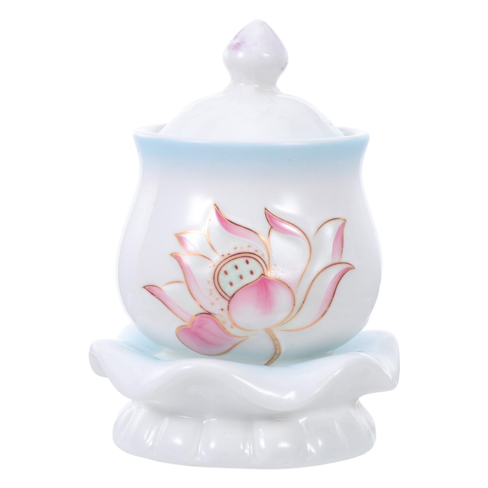 Taza de agua para Buda hecha de cerámica fina con relieves de loto esmaltado