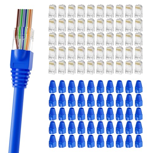 CableGeeker 100-Pack RJ45 Connecteur avec 100-Pack Bottes de secours de la souche, plaquées or Cat6 RJ45 Passer à travers les connecteurs Cat 6 Ends Compatible avec Cat5/Cat5e, Plug modulaire réseau pour UTP Câble Ethernet