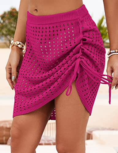 Merokeety Women's Summer Swimsuit Cover Ups Sexy Crochet Casual Beach Mini Skirt Sarong Cover Up, Hotpink, Medium #TOP2
