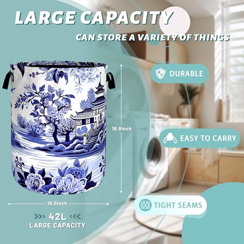 Image of Blue White Porcelain Laundry Basket Oxford Cloth Tote Bag18.9 inchx16.5 inch