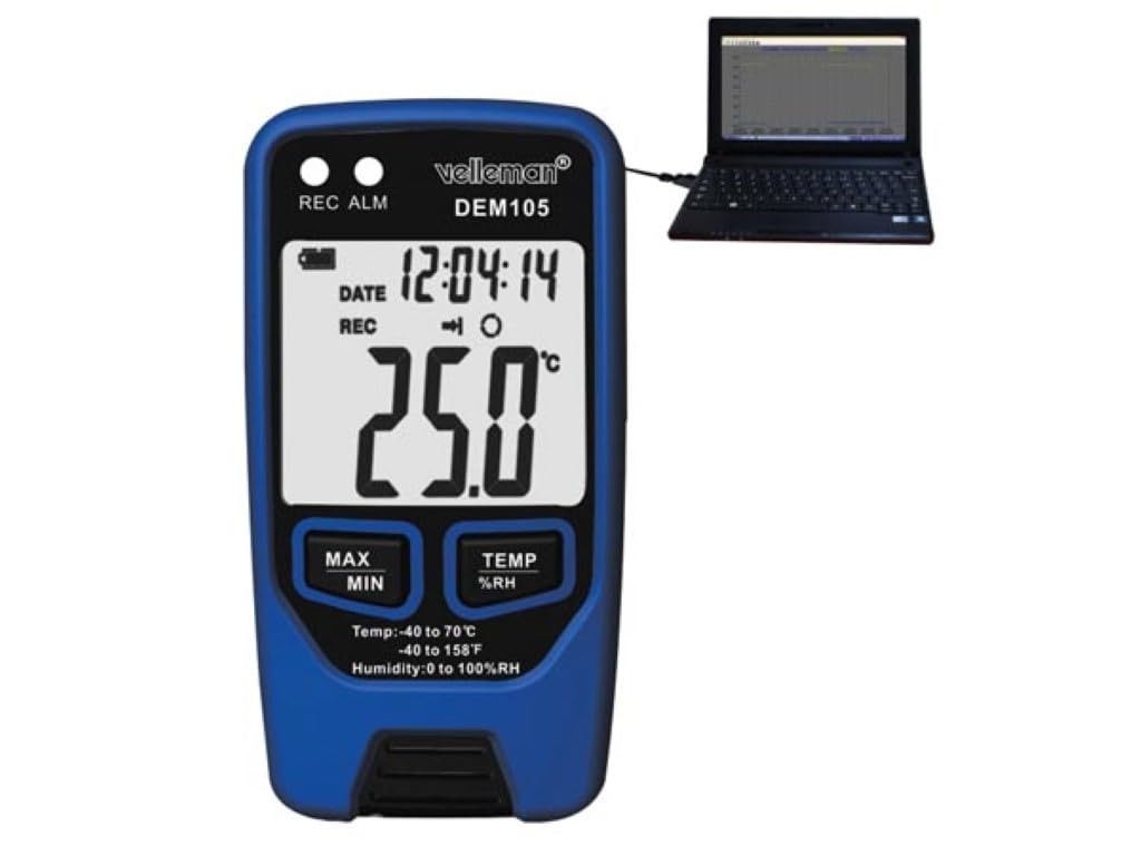 Velleman Datalogger, misura temperatura e umidità, USB, display LCD, allarme forte, batteria a lunga durata