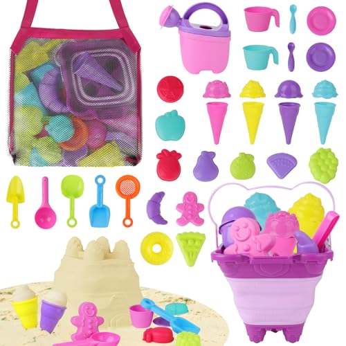 deAO 34 Piezas Juguetes para La Playa, Molde de Arena Incl.Modelo de Helado, Frutas, Pan, Cubo Plegables, Bolsa, Juguetes Playa Bebes 2 3 4 5 Año, Material Plastico