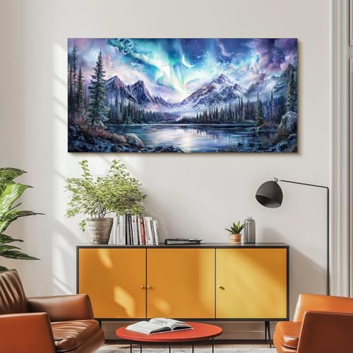 SERIMINO Landscape Large Wall Art for Living Room, Fantasy Aurora Scenic Canvas Prints, Mountain Forest Nightscape Aesthetic Wall Decor for Bedroom, Moon Stars Rustic Farmhouse Decor Pictures 30"X60"