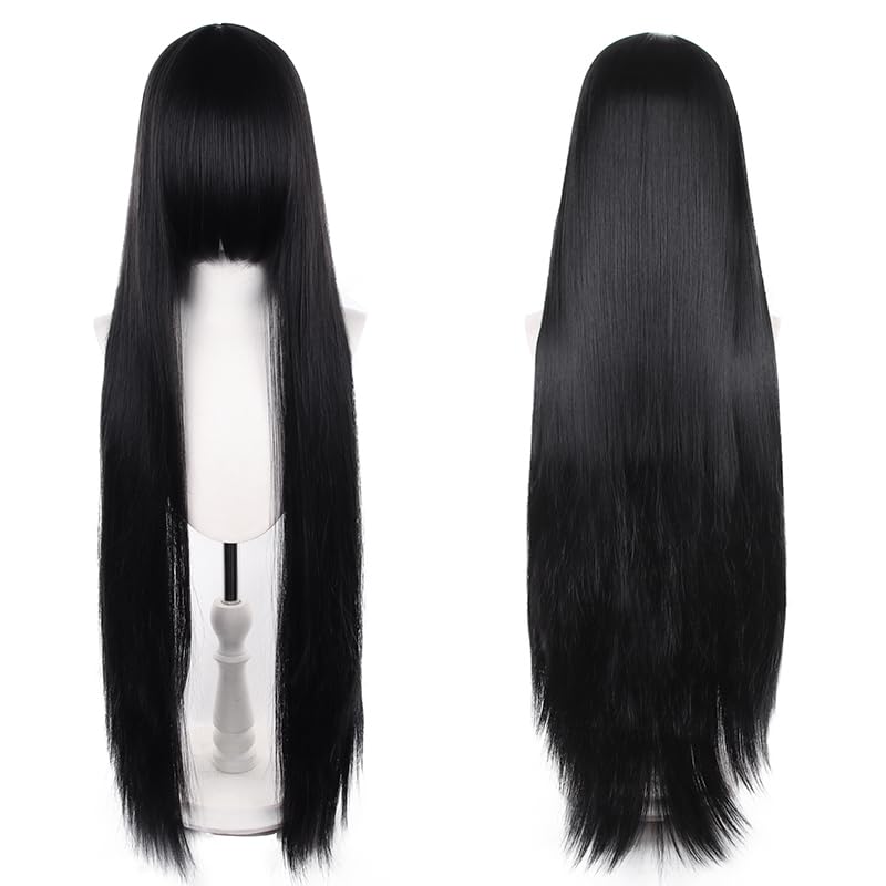 maysuwell Black Anime cosplay wig Long Black Wigs Bangs Hair 39.37in Straight Cos wig Daily Halloween Christmas Party Use Heat Resistant&Adjustable Cap