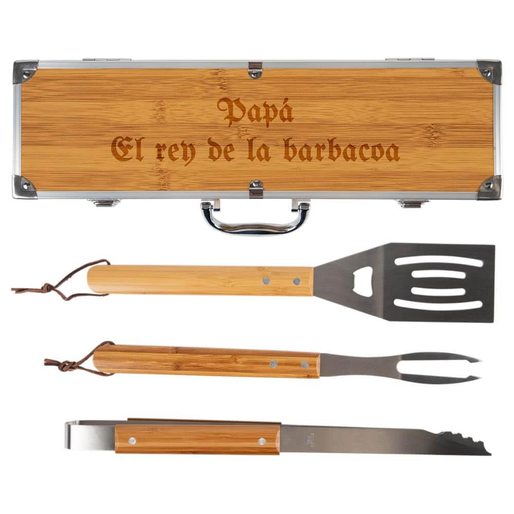 Ocadeau Juego de cubiertos para barbacoa personalizado con grabado – Set de 3 utensilios grandes en caja de madera – Regalo original para hombre o amante de la barbacoa