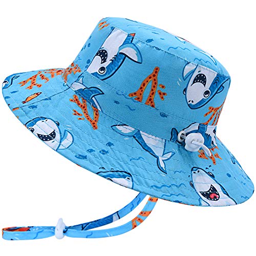 Baby Sun Hat - UPF 50+ Breathable Adjustable Baby Boy Hats Wide Brim Bucket Hat for Toddler Kids Boys Girls Summer Beach Safari Fishing (Cartoon Shark)-M