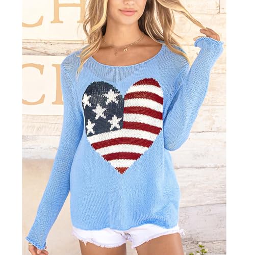 Image of Women American Flag Sweater Loose Vintage USA Sweatshirt Long Sleeve Crewneck Hollow Out 4th of July Jumper