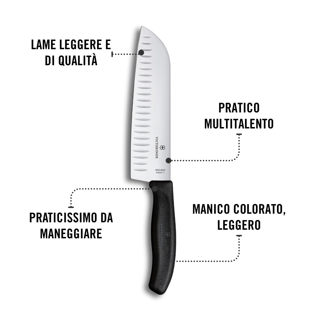 Victorinox Swiss Classic Coltello Santoku, Coltello in stile asiatico, Lama extra-affilata, Forma a bulbo, 17 cm, Acciaio inossidabile, Nero