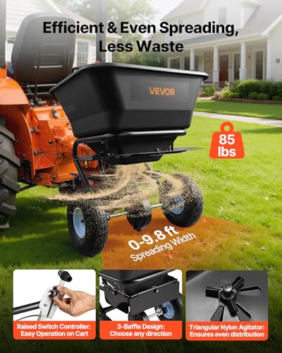 Image of VEVOR Tow-Behind Spreader, 9.8 ft Spreading Width, Broadcast Spreader with 10 inch All-Terrain Tires, 85 lbs Capacity Hopper, Adjustable Flow Control, Lawn Spreaders for Seed Fertilizer Ice Melt