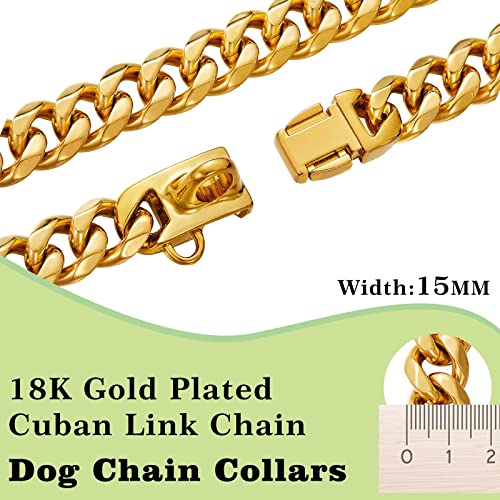 Stainless Steel Silver Gold Dog Collars With Safety Buckle Lock,18K Cuban Link Chain Training Collar,15Mm Strong Dog Necklace Heavy Duty Chew Proof For Small Medium Large Dog #TOP2