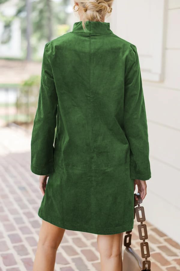 Women Corduroy Dress V Neck Long Sleeve Casual Vintage Retro A Line Mini Dresses2