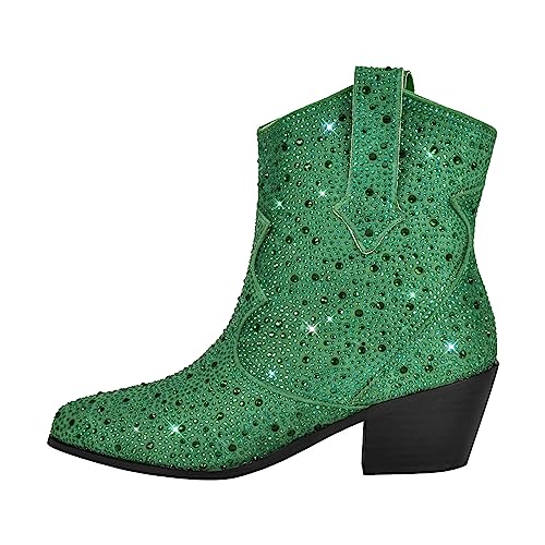 richealnini Sparkly Rhinestones Cowboy Cowgirl Stacked Heeled Ankle Boots with Tab Wedding Party Dressy2