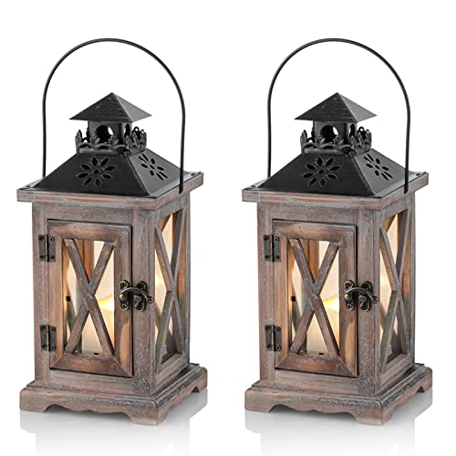 Sziqiqi Laterne Kerzenhalter Vintage Windlicht Laterne Holz Metall Dekorative Windlichthalter für Draußen Rustikale Hochzeit Herzstück Hängende Laterne Bauernhaus Innen Außenlaterne Dekor 28cm