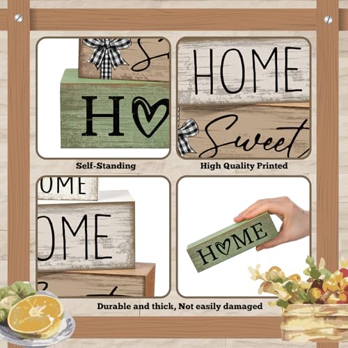 Image of Moucuny 4 Pcs Wooden Farmhouse Table Decor Rustic Home Sweet Home Stacked Blocks Decoration Farmhouse Tiered Tray Decor Decorative Eucalyptus Block Signs Bless Gift for Kitchen Shelf Coffee Table