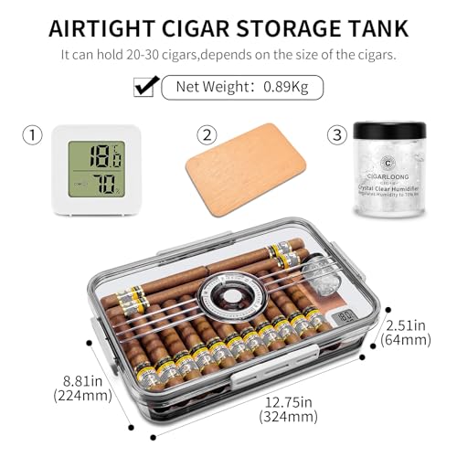 Image of Cigar Humidor Clear Acrylic Humidor Spanish Cedar Plank Cigar Case Box Plastic Portable Airtight Container Holds 20-30 Cigars with Hygrometer and Humidifier(Small)