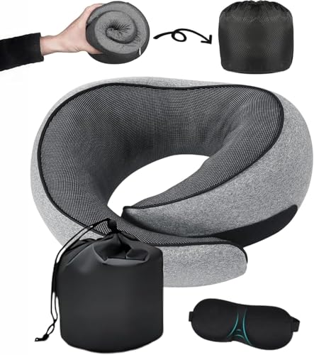 Image of Umerci Travel Pillow for Flights & Car - Memory Foam Travel Neck Pillow for Travel, Neck Pillow for Travelling, Neck Rest Cushion for Sleeping, | Comfortable Head Support Pillow with Eye Mask (Grey)