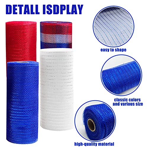 Cieovo 4 Roll Independence Day Wired Edge Ribbon 10 Inch X 30 Feet 4Th Of July Red White And Blue Metallic Foil Mesh Ribbon For Independence Day Patriotic Wreaths, Swags And Decorating #TOP2