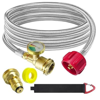 MEFUN Upgraded 12 FT Propane Tank Extension Hose Braided with Gauge,Include Tank Adapter Converts POL 100 lb LP Tank to QCC1 for Gas Grill, Stove and More Propane Appliances