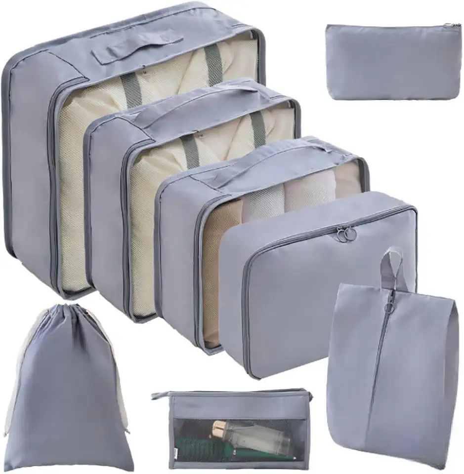 Kit Organizador de Malas para Viagem Conjunto Premium Completo Bolsas Necessaire Sapatos Maquiagem Roupas Bagagem Organizada 8 Peças (Cinza)