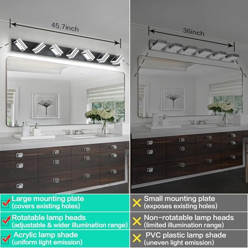 Image of SOLFART LED Modern Vanity Lights Fixtures: 7 Lights Acrylic Matte Black Modern Bathroom Wall Light Over Mirror 46inch