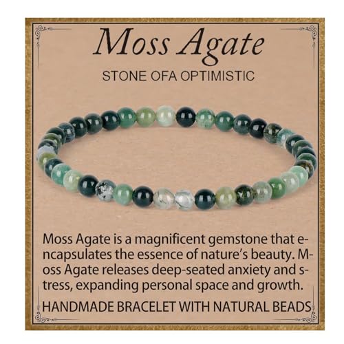 QOGIR Moss Agate Bracelet - Optimistic Bracelet for Women Men - Handmade Natural Gem Stone Beaded Stretch Elastic Healing Bracelets 4mm