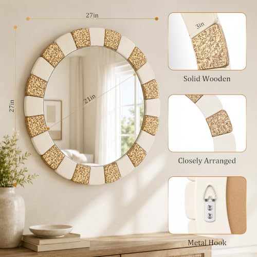Image of Saliwa 27 Inch Round Bathroom Mirror, Wood Framed Wall Mirror, Rustic Farmhouse Round Mirror for Vanity, Entryway, Living Room, Bedroom and Hallway