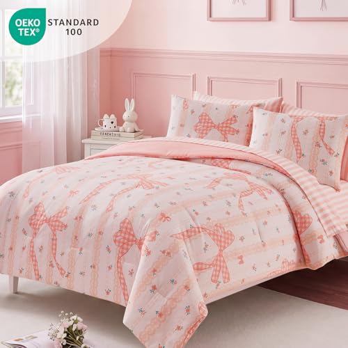 Image of Full Size Comforter Set for Girls Lace Floral Bow 7 Pieces Bed in a Bag