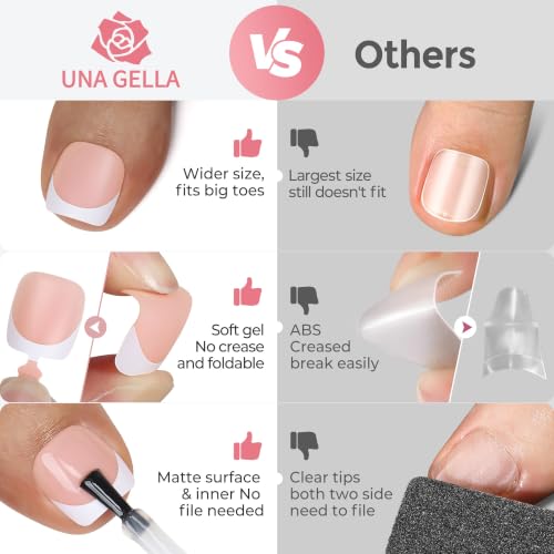 Image of UNA GELLA Nude French Press On Toenails for Women, 180Pcs Square Round Toe Nail Press Ons, 15 Sizes Full Cover Fake Squavol Soft Gel Toenails Extension Acrylic for Home DIY Salon Pedicure