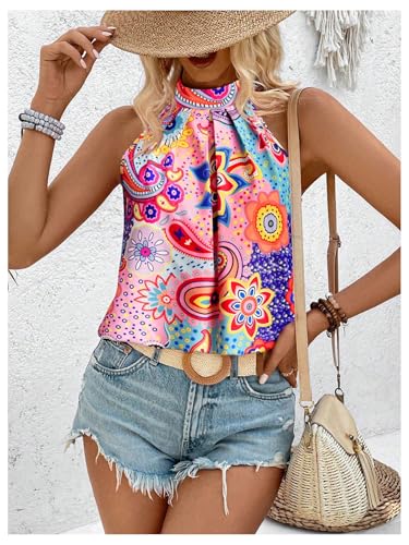 Image of RoseSeek Women's Tropical Paisley Halter Blouse Boho Shirt Vacation Tops
