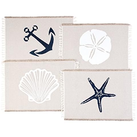Living Fashions Table Placemats Set of 4 - Beach Themed Nautical Kitchen Placemats for Dining Table - 100% Washable Cotton Place Mat- Seashell, Sand Dollar, Starfish & Anchor Designs with Fringes Cover
