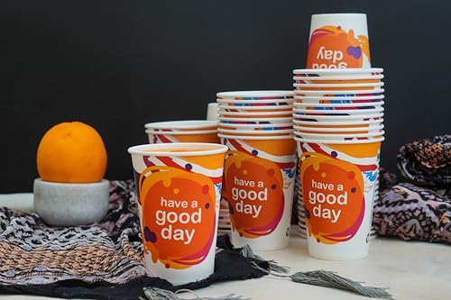 Image of PARICOTT 300ml - 200 Cups | Good Day Printed Paper Cups | Disposable Use & Throw Glasses for Tea, Coffee, Juice, Water, Wine, Cocktail, Party, Events, Wedding, Travel - Eco-Friendly