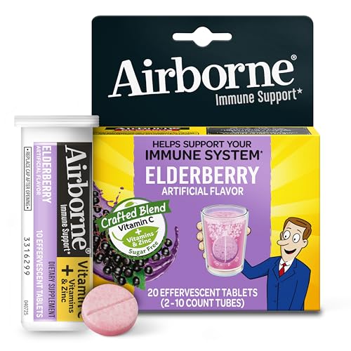 Image of Airborne Elderberry + Zinc & Vitamin C Effervescent Tablets, Immune Support Supplement with Powerful Antioxidant Vitamins A C E, 20 Fizzy Drink Tablets, Elderberry Flavor