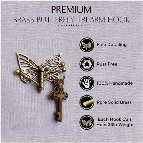 Indian Shelf Brass Butterfly Swivel Tri Arm Hook Foldable Decorative Wall Hooks 3 Prong Wall Hooks Vintage Towel Hooks Gold Coat Hooks Robe Hook Folding Coat Hooks Hangers