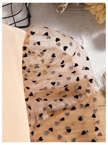 Image of Floerns Girl's 2 Piece Outfit Heart Mesh Puff Long Sleeve Top A Line Bow Short Skirt Set Khaki Multi 10Y