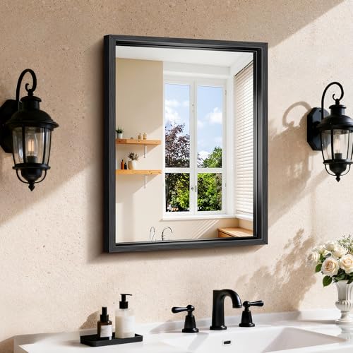 CIRCUMI 18x24 Brushed Black Mirror with Chunky Box Metal Frame Bathroom Mirror for Vanity Remodel & New Home Living Room Entryway Rectangular Wall Mirror Tempered Glass Vertical or Horizontal