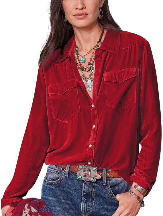 Velvet Shirts for Women Long Sleeve Button Down Shirt Vintage Tops Lapel Blouse Fall Winter Tee with Pocket - Image 2