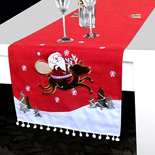 Christmas Table Runner - Red Table Runner w/ Embroidered Xmas Patterns Dining Table Runner for Christmas Decorations Polyester Table Runner 71" x 16" Round Table Runner Table Linen for Party Supplies